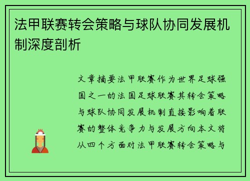 法甲联赛转会策略与球队协同发展机制深度剖析