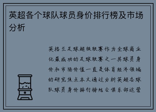 英超各个球队球员身价排行榜及市场分析