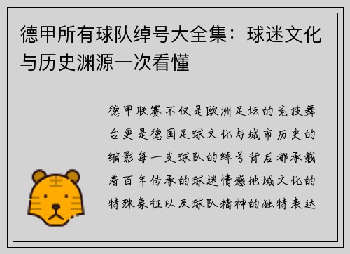 德甲所有球队绰号大全集：球迷文化与历史渊源一次看懂